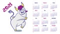 Calendar 2021. Cheerful bull with a nose ring dancing, cartoon animals.